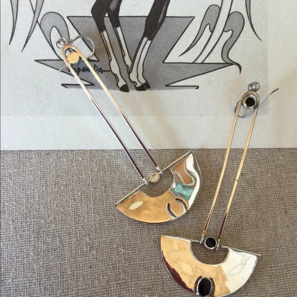 Vintage Native American - Dangle Black Onyx & 925 Silver Earrings - Picture 4 of 7